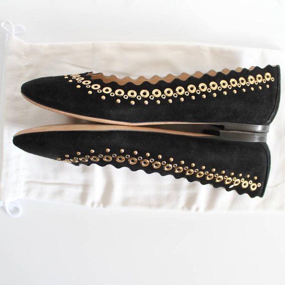 NWT Chloé Black Suede Scalloped Gold Studded Ballet Flat - Picture 15 of 16